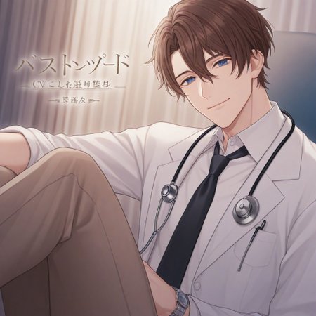 Aaotom, solo, looking at viewer, smile, short hair, blue eyes, brown hair, shirt, 1boy, hair between eyes, sitting, jacket, white shirt, male focus, necktie, collared shirt, pants, indoors, copyright name, cover, cover page, black necktie, watch, labcoat, wristwatch, brown pants, stethoscope, doctor, cover,