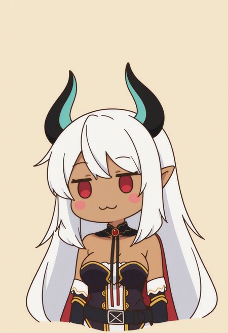 best quality, masterpiece, chibi, flat colors, limited palette, simple background, 1girl, solo, three quarters view,
 <lora:Belzebub illu:1> 1girl, horns, medium breasts, white hair, pointy ears, dark skin, dark-skinned female, red eyes,detached sleeves, belt, bare shoulders, :3, solid oval eyes, blush stickers, upper body,