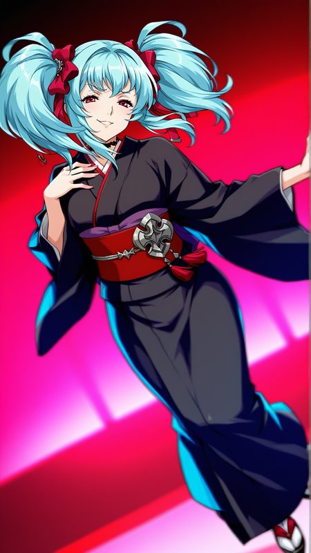source_anime,general,best quality,1girl, <lora:Marilyn_Cat_ill_v1.0:1> marilyn\(srw\),blue hair, red eyes, twintails, Japanese Kimono,seductive smile, smug,  dynamic pose, dutch angle, full body,