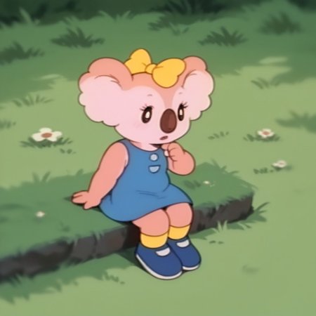 score_9, score_8_up, score_7_up, score_6_up, score_5_up, score_4_up, source_furry, Laurakoala, semi-anthro, female, koala, peach fur, blue dress, yellow bow, yellow socks, blue shoes, sitting, outside, in the grass