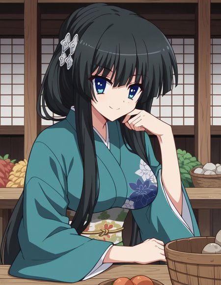 score_9, score_8_up, score_7_up, source_anime, <lora:senka-yorozu-s1-ponyxl-lora-nochekaiser:1>, senka yorozu, long hair, blue eyes, black hair, hair ornament, very long hair, large breasts,, long sleeves, japanese clothes, kimono, sash, obi, farmers market, fresh produce, local vendors, baskets, sunny day, community, smile, , sitting, elbow rest, table,, solo,, cowboy shot, dutch angle,