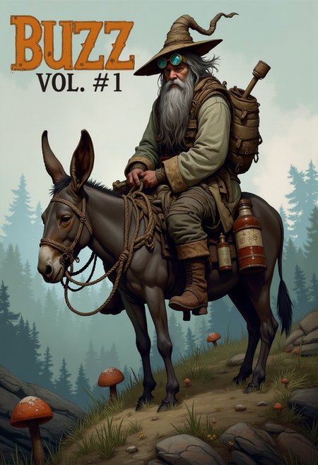 A detailed digital drawing in a dark, gritty, and stylized comic book art style. The image features a tall, rugged character with a weathered, wrinkled complexion, wearing a mix of robes and rags attire. The character has a wild, untamed look, with long, grey hair and a thick, bushy beard. He wears a large, battered wizards hat adorned with feathers and a pair of goggles with lenses that are partially obscured by dust and grime.
The character is seated on a massive, donkey. The donkey is equipped with numerous sacks, ropes, and potions, giving it a medieval, fantasy feel. The donkey has large, thick ears and skinny legs visible through rags and ropes.
The background is a forest landscape with a hazy, foggy atmosphere, suggesting a misty, mild environment. In the distance, there are vague outlines of medieval structures and mushrooms, adding to the fantasy feel. The title "BUZZ VOL#1" is prominently displayed at the top of the image in bold, all-caps letters, indicating this is the first volume of a comic series. <lora:Comic_book_opus_IV:0.2>