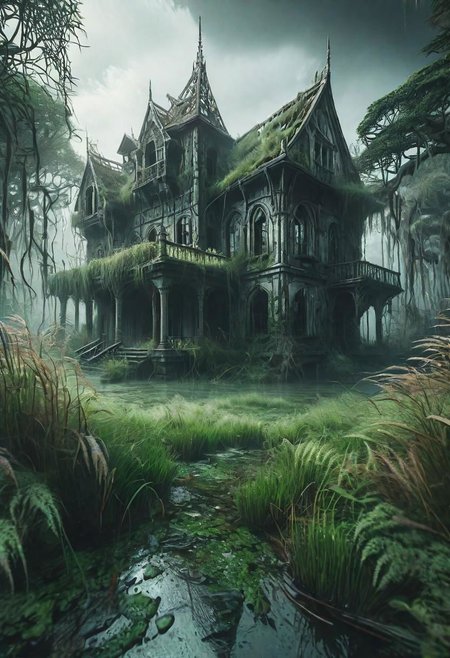 hd, 8k, masterpiece, award winning illustration  of an abandoned mansion covered with grass in a swamp, dungeons and dragons style, fantasy, group of adventurers outside, intricate details, heroic fantasy, spooky, fandist, GhostlyStyle