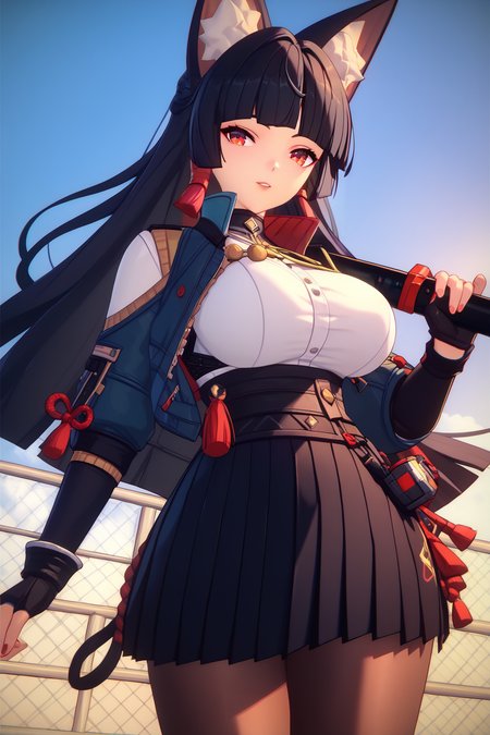 ZZZ_Style,<lora:ZZZ_Style_Pony:1>  <lora:ZenlessZoneZeroPDXL:1>hoshimi miyabi, fox ears, red eyes, black hair, long hair, jacket turquoise color, black skirt, black pantyhose,large breast,(ears hidden behind hair)bangs, blunt bangs,black gloves,fingerless gloves,, Score_9, Score_8_up, Score_7_up, Score_6_up, Score_5_up, Score_4_up, BREAK,1girl in full growth, best quality, masterpiece, ultra-detailed, high quality,good quality,1 girl,(master piece,high resolution, ultra detailed,8K,16K),look at viewer