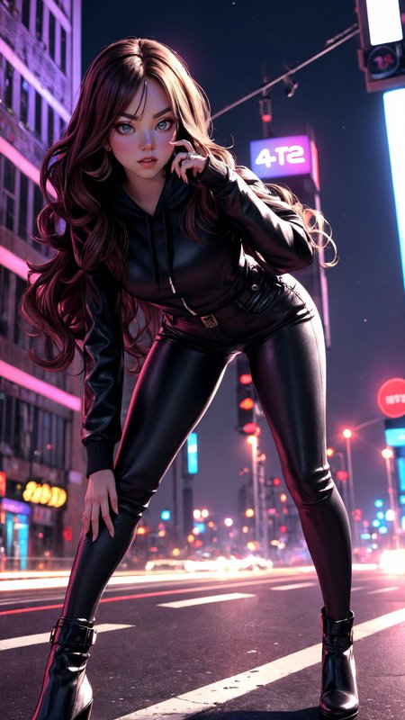 sydsweeney97, 3d background, 
3D, 4k resolution, mysterious girl, leaning forward, intense gaze, long wavy brown hair, golden hoodie, black leather pants, night cityscape, glowing neon lights, detailed urban setting, soft shadows, perfect anatomy, detailed fingers, stunning lighting
 <lora:add_detail:0.4>