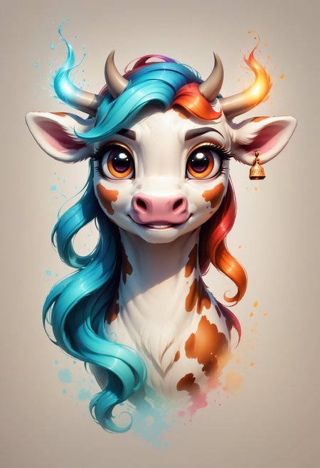 Faded Headshot, faded bottom, faded edges  <lora:FadedHeadshot:1>,score_9,score_8_up,score_7_up,score_6_up,score_5_up,score_4_up  beautiful cow pony, extremely detailed fur, milk splashes, black and white, dynamic movement, bright colors, high contrast, vivid lighting, celebration, glowing effect, illuminated, artistic