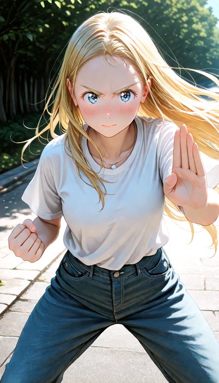 lazypos, masterpiece, best quality, amazing quality, very aesthetic, absurdres, newest, (dynamic angle), (detailed eyes:1.4),
BREAK
1girl,solo, blond hair, blue eyes,Silk Hair,(Beautiful shiny blond hair),
BREAK
tshirt and pants, (outdoors:1.2), from behind medium shot, embarrassed expression, fighting stance,
 <lora:Kofune_Ushio_-_100percent_-_manga:1.1>