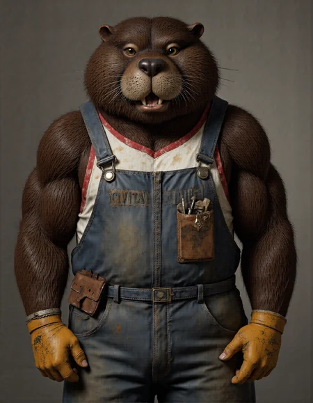 Rembrandt style <lora:funnys:1>, This is an ultra-realistic, highly detailed portrait of a beaver, rendered with meticulous attention to texture, lighting, and personality. The beaver stands confidently against a smooth gradient grey background that transitions from a deep charcoal at the bottom to a soft silvery hue near the top, creating a neutral yet dynamic setting that highlights every intricate detail of this industrious creature., 
The beaverâs body is robust and muscular, covered in dense, dark brown fur that has a coarse, wiry texture. Each strand of fur is individually visible under the soft, diffused lighting, with subtle variations in toneâfrom deep chocolate to lighter caramel huesâcreating a natural, lived-in appearance. Its fur is slightly matted in places, particularly around its shoulders and chest, suggesting long hours of labor. Beneath the thick coat, the skin is textured and rugged, with faint scars and scratches hinting at its hardworking nature., 
Its face is the centerpiece of the portrait, exuding both charm and grit. Large, expressive black eyes glimmer faintly, reflecting hints of determination and mischief. Tiny wrinkles radiate outward from the corners of its eyes and mouth, adding depth and character to its expression. Its rounded cheeks are slightly sunken, emphasizing its strong jawline, which is framed by a pair of prominent incisors. These yellowed teeth are the focal point of the image: they protrude prominently, their enamel unevenly stained with shades of mustard yellow and pale beige, evidence of years spent gnawing on wood and other tough materials. Specks of dirt cling to the grooves between the teeth, further accentuating their rough, utilitarian appearance., 
The beaver wears a practical pair of faded blue overalls, frayed at the edges and splattered with mud and sawdust. The fabric is worn thin in certain areas, particularly around the knees and straps, indicating heavy use. Beneath the overalls, it sports a snug-fitting white undershirt emblazoned with bold black lettering that reads "CIVITAI rules" across the chest. The text is slightly smudged, as if the shirt has seen many days of sweat and toil, but remains legible, adding a touch of modern irreverence to the rustic scene., 
Around its neck hangs a red bandana, tied loosely into a knot, its edges frayed and stained with grease. On its hands, worn leather gloves protect its paws, though holes have begun to form at the fingertips, revealing calloused digits beneath. A worn-out utility belt wraps around its waist, holding various toolsâa hammer, a small saw, and a pouch filled with nailsâall contributing to the impression of a diligent worker., 
Lighting plays a crucial role in this piece, with soft, even illumination casting gentle shadows that accentuate the beaver's three-dimensional form. Subtle highlights run along the ridges of its flat tail, the curve of its ears, and the raised fibers of its fur, while deeper shadows pool within the folds of its clothing and the creases of its skin. This interplay of light and shadow creates a masterfully realistic rendering, drawing the viewerâs eye to the intricate textures and imperfections that define the beaver's character., 
Every element of this portraitâfrom the carefully crafted texture of the beaver's fur to the weathered details of its work attire and the striking emphasis on its yellowed teeth âhas been meticulously designed using advanced CGI techniques combined with photorealistic textures. The result is an unparalleled level of realism that blurs the line between digital art and photography, inviting viewers to linger over the smallest details and marvel at the juxtaposition of ruggedness and personality in this unconventional yet compelling subject. . Baroque, chiaroscuro, realistic, emotional, "flat lighting