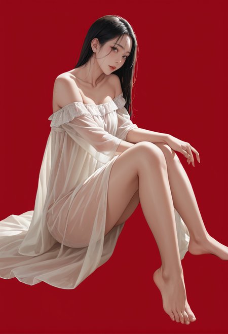 1girl,solo,red background,,ruanyi0837,off-shoulder dress,see-through,barefoot,<lora:0837 One shoulder sequined tube top dress_v1_pony:1>, score_9,score_8_up,score_7_up,,8k,1girl,solo,,