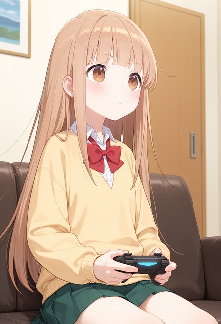best quality, masterpiece, 1girl, aamiyano, long hair, brown hair, blunt bangs, brown eyes, school uniform, red bowtie, collared shirt, white shirt, yellow sweater, long sleeves, pleated skirt, green skirt, <lora:miyano_(tanakeda)_ilxl_v1:0.9>, indoors, living room, sitting, sofa, looking at another, solo, holding game controller,