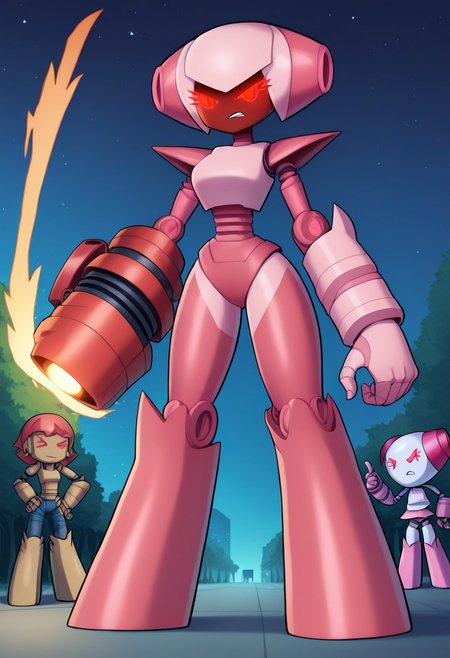 score_9, score_8_up, score_7_up, score_6_up, score_5_up, score_4_up, BREAK 2d, RobotGirlSuperActivated, light pink skin, metal skin,  solo, solo focus, female focus, 1girl, robot, robot girl, standing, full body, outdoors, park, red eyes, looking at viewer, (arm cannon), glowing eyes, mad, angry, night, cannon on arm, arm gun, arm blaster, pink arm cannon, pointing arm cannon at viewer, blaster, weapon, weapon on arm,
