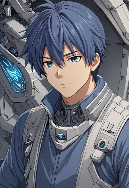 high resolution, solo, best quality, 1Boy, Tomoya Okazaki, Grey Blue Hair, Science Fiction, OverallDetail