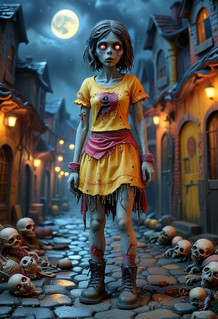 (medium full shot) of (spooky zombie) feminine, Average body,  wearing rotten yellow blood-stained top, ripped skirt, tattered boots, hollow eyes, torn bandages, set in  a spooky town, with dark alleys, flickering lights, eerie sounds, and ghostly apparitions , during full moon, Masterpiece,best quality, very aesthetic,
