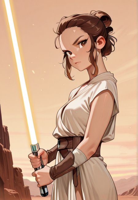masterpiece, best quality, amazing quality, very aesthetic, absurdres,  newest, detailed background, cowboy shot,  outdoors, dynamic angle, 
reysw, lightsaber, 1girl, energy sword, solo, brown hair, weapon, sword, robes, brown eyes, holding, looking at viewer, sidelocks, hairbun
 <lora:Rey_-_Star_Wars_Illustrious:1>