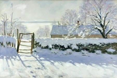 claudemonet1 painting. A snow-covered path with a rustic wooden gate on the left side, leading to a snow-covered landscape.
 <lora:claudemonet1_cap_d8a4e12:1.0><lora:843295968196754393:0>