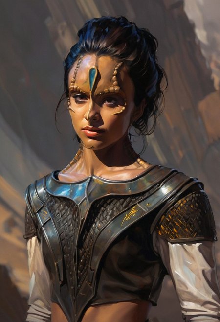 embedding:urn:air:sd1:embedding:civitai:222256@250708, (a 18 year old female kling0n alien, forehead ridges, brown skin, nose ridges, large eyebrows, leather armor), erotic, dynamic, moody, shadows, highly detailed, low cut strapless breastplate armor, cleavage, midriff, busty, digital painting, artstation, concept art, smooth, sharp focus, illustration, art by Carne Griffiths and Wadim Kashin, good shadows, dim lit, devoid of color, low light, back light, hidden, obscured, black  hair, prismatic, monolith, obsidian, bright yellow god rays, sun circle
