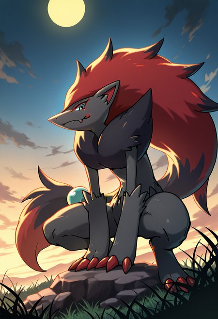 masterpiece, best quality, no humans,    <lora:ZoroarkPokedex_IXL_v1:1.0>,   zzZoroark, cliffside at sunset, silhouette pose, high winds, tattered grass, golden light streaking the sky â Perched on the jagged edge of a windswept cliff, zzZoroark stands tall in silhouette against the amber blaze of sunset. The wind tears at the grass and ruffles the tufts of fur around its neck as the last light glints off distant waves far below. (looking at viewer),