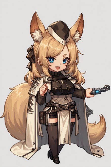 score_9, score_8_up, score_7_up, , rating_general,1girl ,wssd, animal ears, tail, hair ribbon, garrison cap, ribbed sweater, long sleeves, breastplate, white cape, pouch belt, black shorts, pelvic curtain, black thighhighs, high heels, source_anime, smile, :3,  skin fang, open mouth, naughty face, <lora:WhislashPDCAMEv2L AK-000006:1>,<lora:GBFPixelPDCAME Style:1>, pixel art, 2d, full portrait, simple background, white background, chibi,