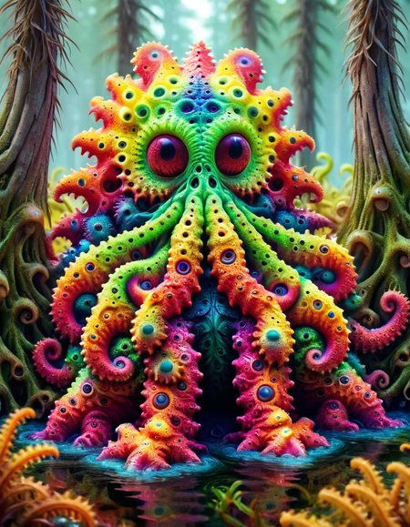 A cute colorful fluffy cthulhu, wildlife photography, in a ral-mndlbrt swamp, 4K UHD, 8K UHD, High-definition, capturing highest detailed, 4k, uhd, hdr <lora:ral-mndlbrt:1> ral-mndlbrt
