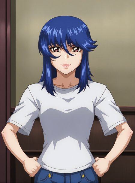 score_9, Ingrid,blue hair,ling hair,lips, 1girl,solo,white t-shirt,panst,denim,hands on own hips,upper body,smile,looking at viewer,indoors,<lora:Ingrid_Tradoll:1>