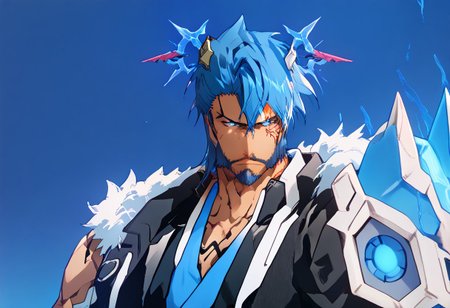 Cast_Q, Casual_Q _Jacket, Casual_Q male, blue short wild hair, goatee, serious, muscular, anime, cyberpunk, blue mechanical eyes, Bara(may be needed), ((cowboy shot)), strong facial features, scruffy beard, blue hair, short wild hair, bleach_tybw_style, glowing crown:0.7, ({blue} light):1.6, full body, score_9, score_8_up, score_7_up, score_6_up, concept art score_9,score_8_up,score_7_up,score_6_up,((hollowfication)),blue theme,