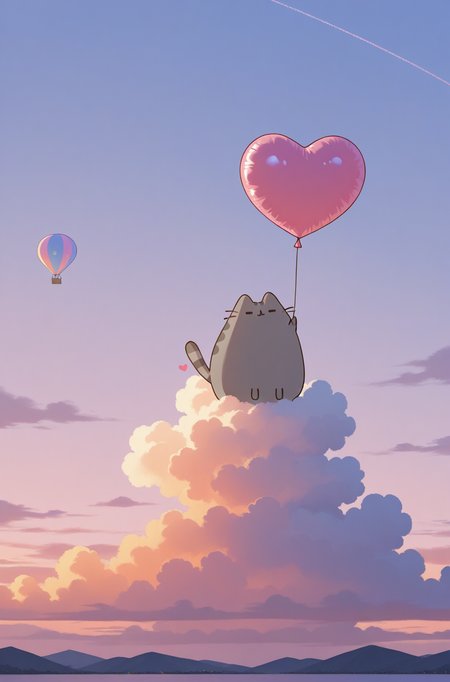 masterpiece, best quality,very aesthetic, hot air balloon ride, heart-shaped balloon, sunset sky, dreamy and whimsical ambiance, Pusheen <lora:PusheenIXL:1>