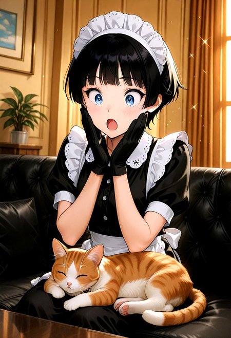 general,highres, ultra-detailed,very aesthetic,best quality ,best hands,masterpiece, best quality, newest, highres, (score_9, score_8_up, score_7_up), Enchanting Eyes, BREAK solo, 1girl, black hair, ((short hair)), hime cut, blunt bangs, (blue eyes), small breasts, ,open mouth, surprised, BREAK maid, apron, maid headdress, black dress, black gloves  BREAK indoors, table, tabby cat, cat sleeping, cat curled up, cute cat, fluffy cat, cat on cushion, hands on own face, animal focus, (sparkles around cat), upper body, depth of field, back-lighting, dynamic angle, cowboy shot,