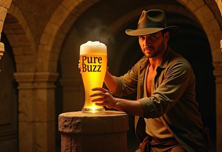 photorealistic picture of Indiana Jones lifting a yellow glowing glass that has text "Pure Buzz" from a pedestal in a catacomb.