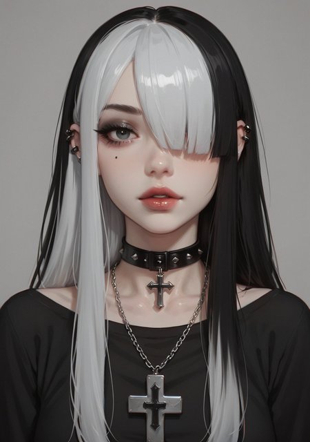 Goth girl, Goth girl 1girl 1girl,solo,long hair,looking at viewer,simple background,black hair, jewelry,white hair,multicolored hair,choker,black eyes,grey background,necklace,(hair over one eye),two-tone hair,cross,portrait Ponyv5-000016