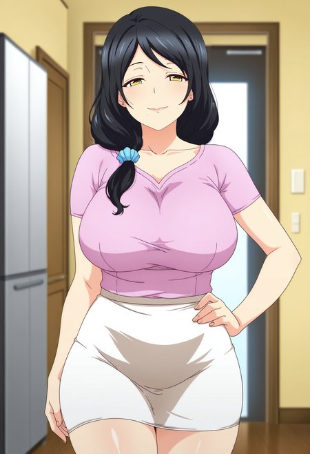 1girl,solo,mm,mature female,black hair,long hair,yellow eyes,mole under mouth,large breasts,anime coloring, 
shirt,skirt,cowboy shot, hand on own hip, looking at viewer, smile,indoors
,masterpiece,best quality,amazing quality,<lora:maronmaron-mother_ix:0.8>