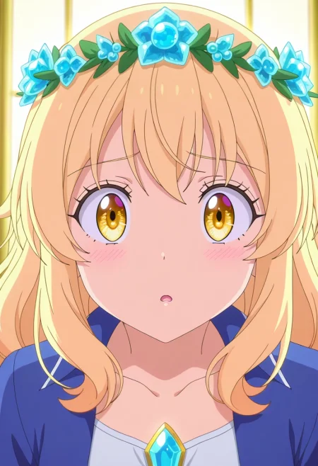 masterpiece, best quality, anime screencap, anime coloring, official style, , looking at viewer, 1girl, gold eyes, light blonde hair, shaggy hair, flower crown,, solo, crystal garden, mineral growths, light pools, gem clusters, examining pose, fascinated expression, prismatic light, <lora:tensura_style_ilxl:1>, tensura_style,