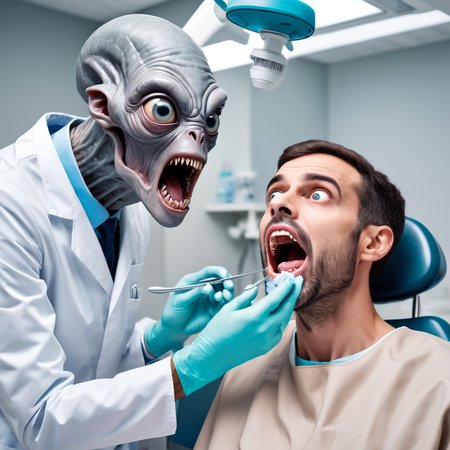 a realistic looking photo of a dentist operating on the mouth of an traditional looking gray alien with large eyes, the alien is scared, the dentist is scared