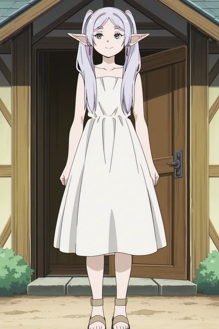 anime coloring, screencap, anime screencap, masterpiece, detailed face, 
outside, near a house,
 <lora:Frieren_Frieren_Beyond_Journeys_End_-_Illustrious_V2:1>1girl solo, Elf, pointy ears, gray hair, long hair, parted bangs, twintails, green eyes, earrings, Frieren white dress outfit, white dress, sleeveless dress, bare shoulders, sandals,
full body shot shot, girl looking at the viewer, smiling