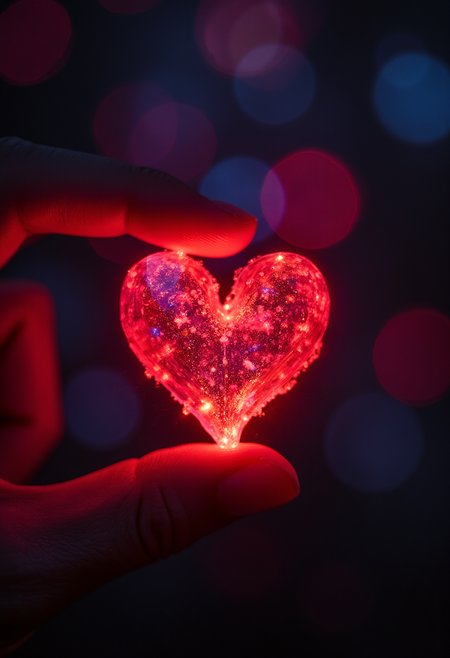 An extreme closeup of a heart emoji held between two fingers, black bokeh background, vibrant glow,
