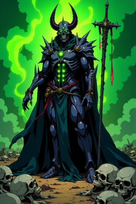 <lora:Dark_Gothic_Comic_style_r2:1> DGC style digital illustration. The scene transforms into a vivid comic-book style, infused with a dynamic and exaggerated flair that emphasizes the character's chaotic energy. The skeletal figure stands as a malevolent centerpiece, its jagged armor and twisted crown now rendered with bold, angular linework and vibrant contrasts. The dark metallic tones of the armor are punctuated with vivid streaks of neon green and glowing purples, while fiery oranges and blood reds highlight the worn edges and jagged spikes, creating a dynamic interplay of colors. The green magical energy emanating from the character's staff and sword becomes more pronounced, swirling with sharp-edged comic-style motion lines and gradients that transition between luminescent lime, emerald, and flashes of acidic yellow. The glowing, hollow eyes blaze like twin emerald flames, their intensity heightened by the stark contrast with the dark shadows around the skull-like face, rendered with exaggerated hatching. The background transitions into a chaotic battlefield composed of stylized, angular bones and skulls, their pale tones enriched with subtle shades of gray, sepia, and soft blues, creating depth and texture. The swirling green mist in the background is enriched with gradients of teal and aqua, emphasizing the sinister magic saturating the scene. The harsh, desert-like ground now appears cracked and detailed with sharp, geometric patterns, accentuating the apocalyptic tone. The dark, tattered cloak billowing behind the figure is highlighted with streaks of navy blue and vibrant violet, its dramatic motion amplified with bold sweeping lines. Dynamic lighting casts sharp, contrasting shadows, and subtle comic-style halftone patterns add texture to the smoke and swirling energy, creating an overall sense of movement and impending destruction. This reimagined comic-style scene is a riot of intense, varied colors and sharp contrasts, channeling the character's chaotic presence with exaggerated proportions, bold outlines, and a dramatic use of color to create a visually striking and immersive tableau.