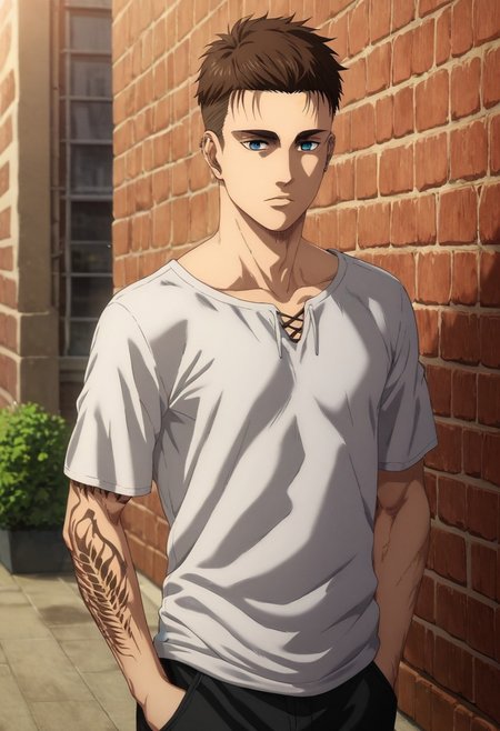 score_9, score_8_up, score_7_up, source_anime, rating_safe, intricate details, (photorealistic:0.6), looking at viewer, , 1boy, solo, male focus, <lora:eren_yeager_s4:0.96>, eren_yeager_s4, brown hair, blue eyes, adult face, small forehead, high fade haircut, very short hair, hair completely shaved on the sides, messy hair, stubble, asymmetrical, rooftop in a large city, body standing straight, lighting, day, sunny, beautiful, best render, realistic, white t-shirt,  half-closed eyes, hands in pockets,  <lora:Epic_tattoo_man:0.7>, veiny arms, relaxed body, ear piercing, front focus, distracted, aloof, oblivious,<lora:sdxl_lightning_8step_lora:1>
