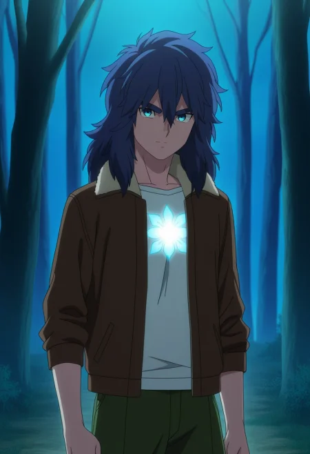 masterpiece, best quality, anime screencap, official style, anime coloring, cowboy shot, 1boy, solo, male focus, <lora:yui_kemono_jihen_ilxl:0.9>, yui_kemono_jihen, blue hair, blue eyes, long hair, hair between eyes, bangs, thick eyebrows, , ethereal forest, glowing flora, misty paths, spectral animals, wandering pose, enchanted expression, moonlight, Cargo jogger shorts, Leather jacket, , ,