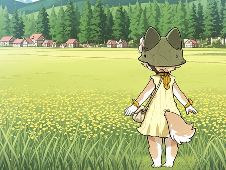BREAK, <lora:Chick_Montblanc_Illustrious_V1:1>, Chick Montblanc, Fuga: Melodies of Steel, kemono, furry female, 1girl, dog girl, beige fur, white fur, multicolored fur, yellow eyes, blonde hair, short hair, animal ears, dog ears, dog tail,
BREAK, Fuga 1 Outfit, barefoot, yellow dress, sleeveless, handbag, yellow neckerchief, wrist ribbon, helmet, flower on helmet,
BREAK, solo, full body, outside, rear view, meadow, grass, trees, village, standing