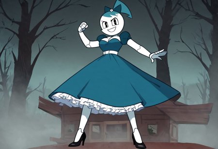 (Masterpiece, best quality:1.2), score_9, score_8_up, flat color, flat shading, soft shading, lighting, Jenny Wakeman as an adult, (((in a 1950's full length formal dark blue dress, a white belt, a fluffy frilly ruffled full white petticoat, and black high heels))), dress, layered petticoat, frilly petticoat, fluffy petticoat, full petticoat, detailed petticoat, wide skirt, detailed outfit, flowing skirt, (((long skirt))), (((solid dark blue colored dress, black high heels))), blue hair, series accurate, cute, best high quality, high res, robot, humanoid robot, (((giant breasts, cleavage))), whole body shot, 1girl, (((solo, outside, in a dark creepy forest, by a old ominous log cabin, at night, heavy fog surrounding her, fog, heavy fog, looking at you, low angle))), (((evil, evil smile, determined evil eyes, posing gracefully and evilly))), low angle shot, cartoon, cartoon style, vector, solo, circle dress, 1950s, dance dress jenny, jenny wakeman, 1girl, solo, robot joints, black eyes, white skin, ponytail, hair bow, blue rose chest corsage, poofy dress, blue hair, flat lighting,
