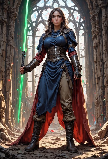 ultra-detailed illustration image, star wars style and mythp0rt, closeup portrait of an astonishingly beautiful female jedi knight, 19 years old, with very-pale skin and hazel eyes. She is skinny, and has a slender figure. She has small breasts and a thin waist. She has back-length dark hair, with sharp cheekbones and a defined jawline. Her clothing is a combination of Sci-Fi and Ancient Roman influences, wearing a long blue tunic, cleavage, a long flowing tattered red cloak, corset, and tight-fitting tan pants, with belts. She is also wearing piecemeal sci-fi Ancient Rome inspired armor such as one pauldron, a breastplate, bracers, and a pair of boots. She is holding a green lightsaber in one hand, standing in an epic and glamorous action pose. She is standing within a beam of sunlight within a destroyed stone cathedral with partially destroyed stained-glass windows that is scattering rainbow light across the background. The image includes directional lighting, masterpiece, perfect composition, perfect hands, perfect face, perfect body, gymnast body, cartoon, soft freckles, long hair, dark hair, Dainty Wilder!