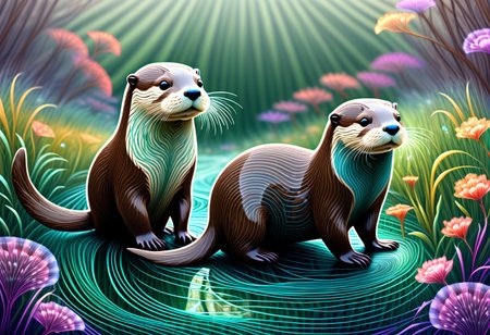 Make me a beautiful river on a glade with otters, the otters are Fractangles, made out of fractangles