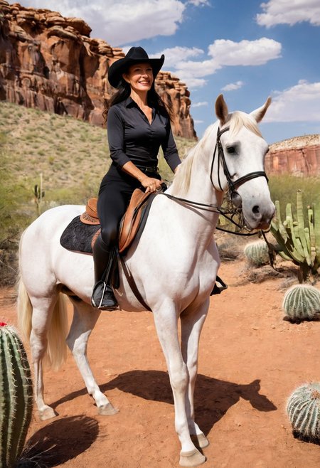 Portrait of a very beautiful 40 year old woman. she rides a horse, she is Russian, the horse is black. she is happy, she wears a cowboy hat, she has very long wavy hair, she drives in the desert.  there are cacti everywhere.  There are rocky outcrops, mesas, the midday sun is above us.  There are white clouds above.  it flows behind her. She is innocent but incredibly sexy. her ass is small, her chest flat.
