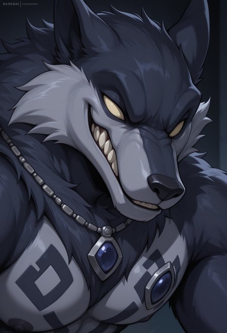 masterpiece,best quality,amazing quality, 1boy, solo, lyc4nthr0p3, furry,  yellow sclera, no pupils, chest tattoo, gem, blue necklace, close up, side angle, looking at viewer, smirk,