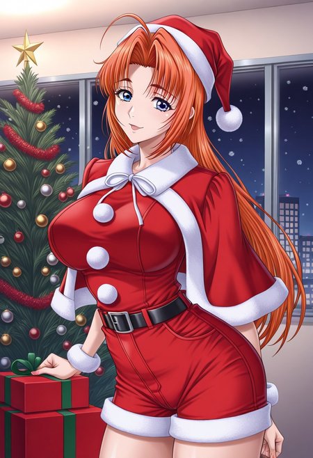 masterpiece, best quality, newest, highres, uncensored, 1girl, yokota mamoru style,1girl,Inugami Honami,Ahoge hair,Curtained hair,Long hair,Orange hair,Spiky Bangs,Straight hair,Blue Eyes, Tareme Eyes,large breasts, slender face，motion lines, a very attractive sexy woman dressed in a Santa costume holding on a present box standing under Christmas tree at the illuminate street, 1girl, solo, hat, illumination, Christmas, Christmas tree, coat, fur trimmed wear, breasts, red shorts, Santa hat, shorts, Santa costume,red santa dress, fur,belt,christmas town, christmas decor, winter, snowing, shops, nighttime, lights in windows, yellow gaslight illumination,