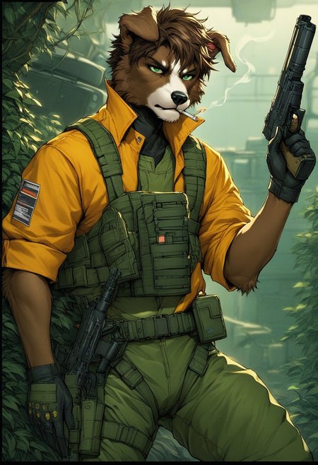 score_9, score_8, score_7, score_6, 1boy, solo, yoji_shinkawa, science fiction, border collie, green eyes, brown fur, brown hair, short hair, anthro furry, furry male, armored bodysuit, sci-fi bodysuit, orange hawaiian shirt, spaceship, dynamic pose, (((gun, sci-fi gun))), holster, straps, sm0k3, cigarette