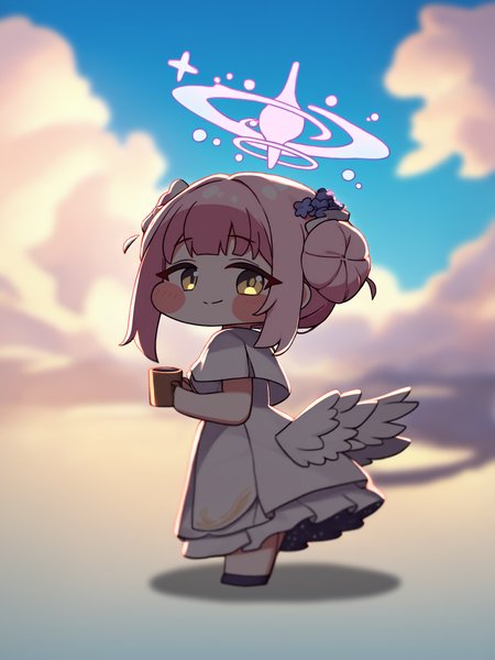 (trickcalcg, chibi:1.4), (blush stickers, blush), blue archive, mika \(blue archive\), 1girl, blue sky, blush, capelet, closed mouth, cloud, cloudy sky, cup, dress, feathered wings, hair bun, hair intakes, halo, holding, holding cup, looking at viewer, looking back, low wings, pink hair, pink halo, single hair bun, single side bun, sky, smile, solo, white capelet, white dress, white wings, wings, yellow eyes, 
colorful, (best shadow:1.2), golden hour lighting, (Depth of field:1.2), beautiful detailed glow,  
(masterpiece, best quality, absurdres, highres, newest:1.2), very awa, 