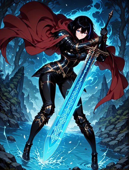<lora:Cheon_Soyeon__The_Knight_King_Who_Returned_with_a_God__Illustrious:1>
1 girl, solo, black hair, short hair, loose hair, blue hair streak, multicolored hair, streaked hair, bangs, hair between eyes, blue eyes, large breasts
black armored boots, black armored armor, black corset, red cape, gauntlets, black gloves, black pants
zPDXL3, score_9_up, score_8_up, score_7_up, (Anime_source),Masterpiece,(perfect female body:1.2), small waist,(incredibly detailed:1.4), slim, beautiful fingers, sword masterpiece, best quality,high quality, newest, highres,8K,HDR,absurdres, enchanted sword, floating petals, intricate patterns, ethereal glow, holding sword, armored gauntlets, high fantasy, flowing cape, standing on water, floral motifs, blue and gold palette, celestial symbols, moonlit background, misty environment, depth of field, dramatic lighting, mystical aura, detailed background, dynamic pose, foreshortening, fantasy illustration, glowing runes, limited palette, elegant battle stance, cinematic shot., detailed background, dynamic pose, dynamic composition,dutch angle, detailed backgroud,foreshortening,blurry edges <lora:iLLMythG0thicL1nes:1> , <lora:Eyes_High_Definition:1>