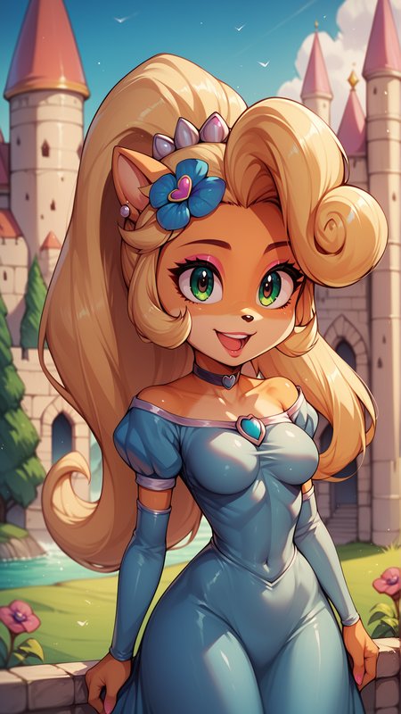 score_4,score_5,score_6,score_7_up,score_8_up,score_9 BREAK <lora:Princess_Peach_Shiny_Style_V3.0:0.7>,coco bandicoot,1girl,solo,jewelry,earrings,long hair,breasts,very long hair,big hair,choker,dress,medium breasts,:d,outdoors,smile,open mouth,shiny,shiny skin,castle,puffy sleeves,