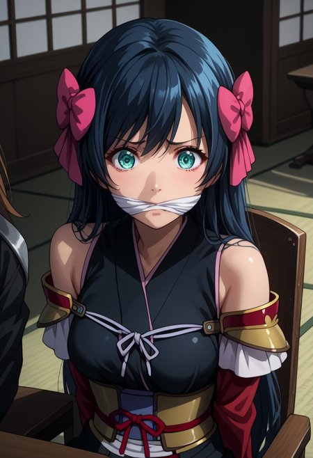 score_9, score_8_up, score_7_up, Expressiveh, detailed face, perfect face, detailed eyes,
arms behind back:1.5, abducted, girl is gagged, c1eavegag, ankles bound, struggling, wriggling,
nagahide niwa, long hair, blue eyes, black hair, hair bow, aqua eyes, medium breasts,
japanese clothes, armor, japanese armor, bare shoulders, shoulder armor, detached sleeves,
sitting on chair, tied to chair, chairtied, anxious, little bit anxious, view from top, view from above, looking at viewer, upper body, high detailed face,