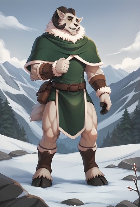score_9, score_8_up, score_7_up, score_6_up, score_5_up, score_4_up,  <lora:massak_fluffkevlar_ponyXL_v1_0.99:1> massak, 1boy, solo, fuzzy, sleeveless, green shirt, green loincloth, green capelet, fur trim, snow, blizzard, wind, hiking, mountain, rock, cloudy, yellow eyes, muscular, teeth, eye reflection